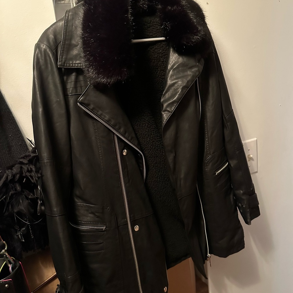 Women's Black Faux Leather Jacket with Faux Fur Removable Collar